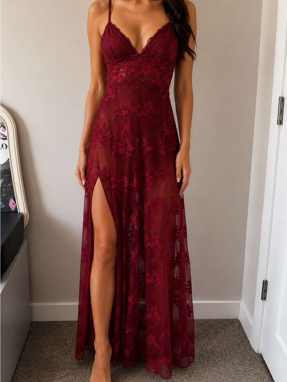 Fashion Nova Burgundy Lace Maxi Dress with Thigh Slit
